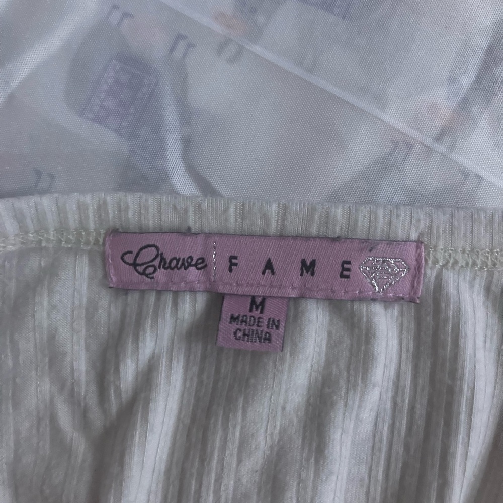 White chave fame crop button front top